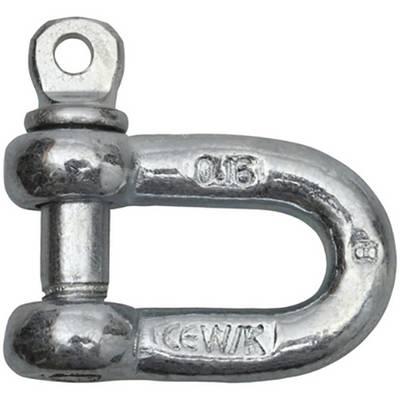 A metal shackle in the shape of an inverted U with a screw closure, used for connecting chains or ropes.