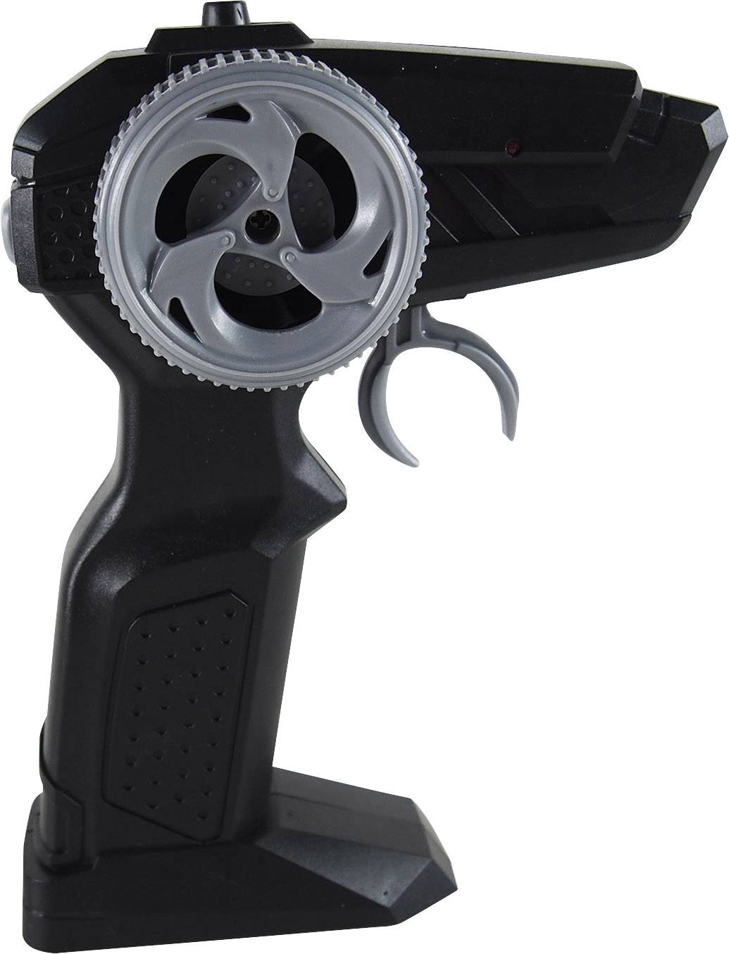 Black hand controller with large, silver rotary dial and trigger button, suitable for controlling remote-controlled vehicles.