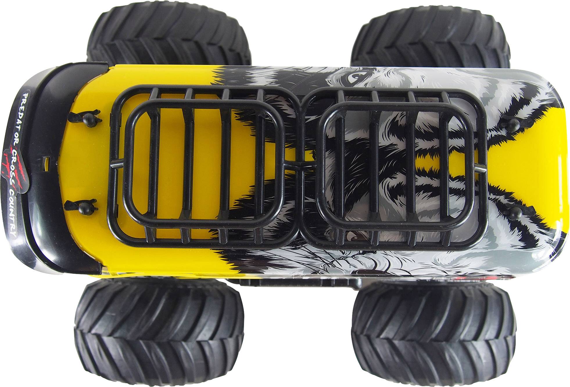 Toy car viewed from above, yellow bodywork with black pattern, large treaded tyres, metal roof rack.
