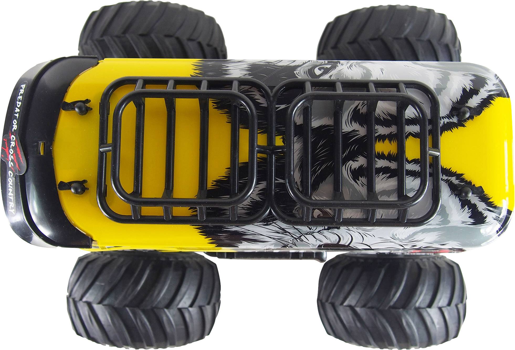 Top-down view of a yellow toy truck with large black tyres and a wolf motif on the bodywork.