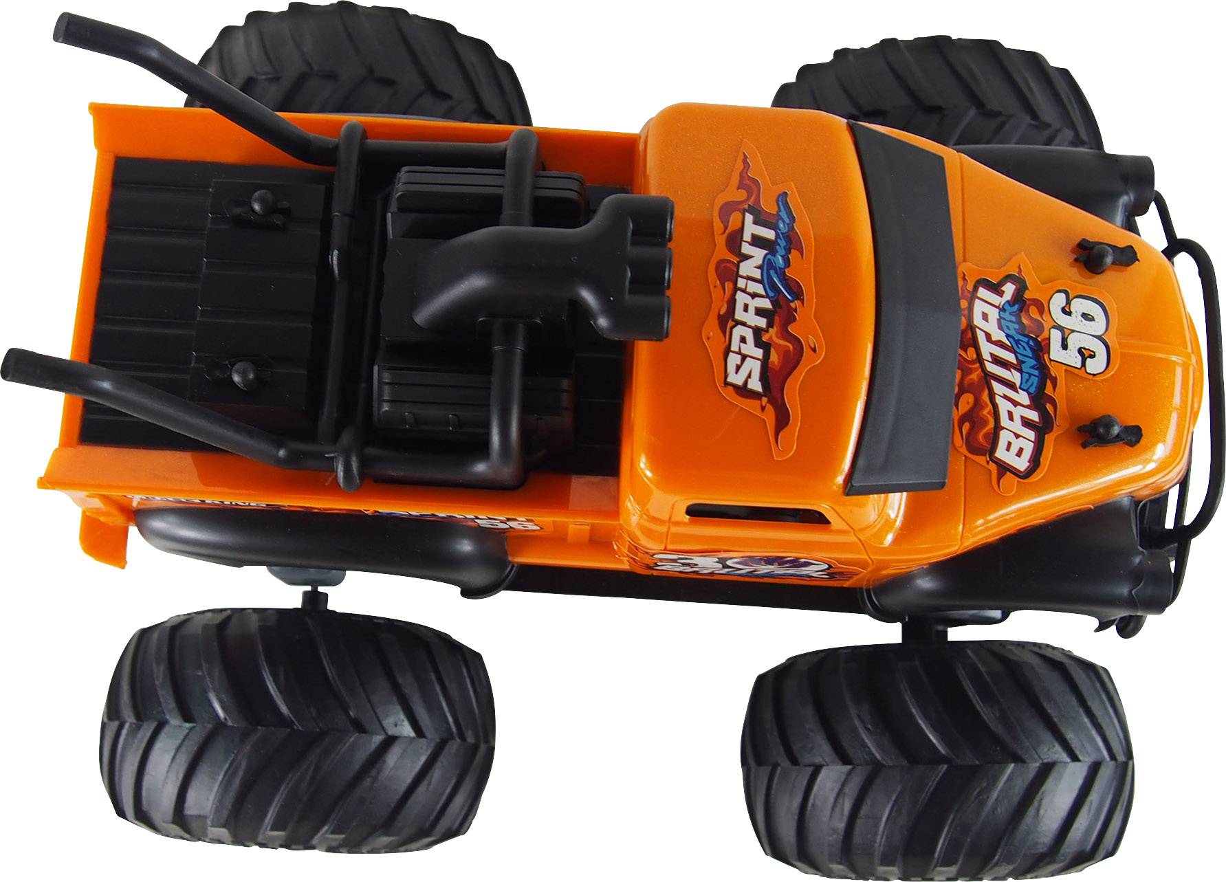 An orange toy car with large tyres, viewed from above, bearing the inscriptions 'Sprint', 'Battler', and '56'.