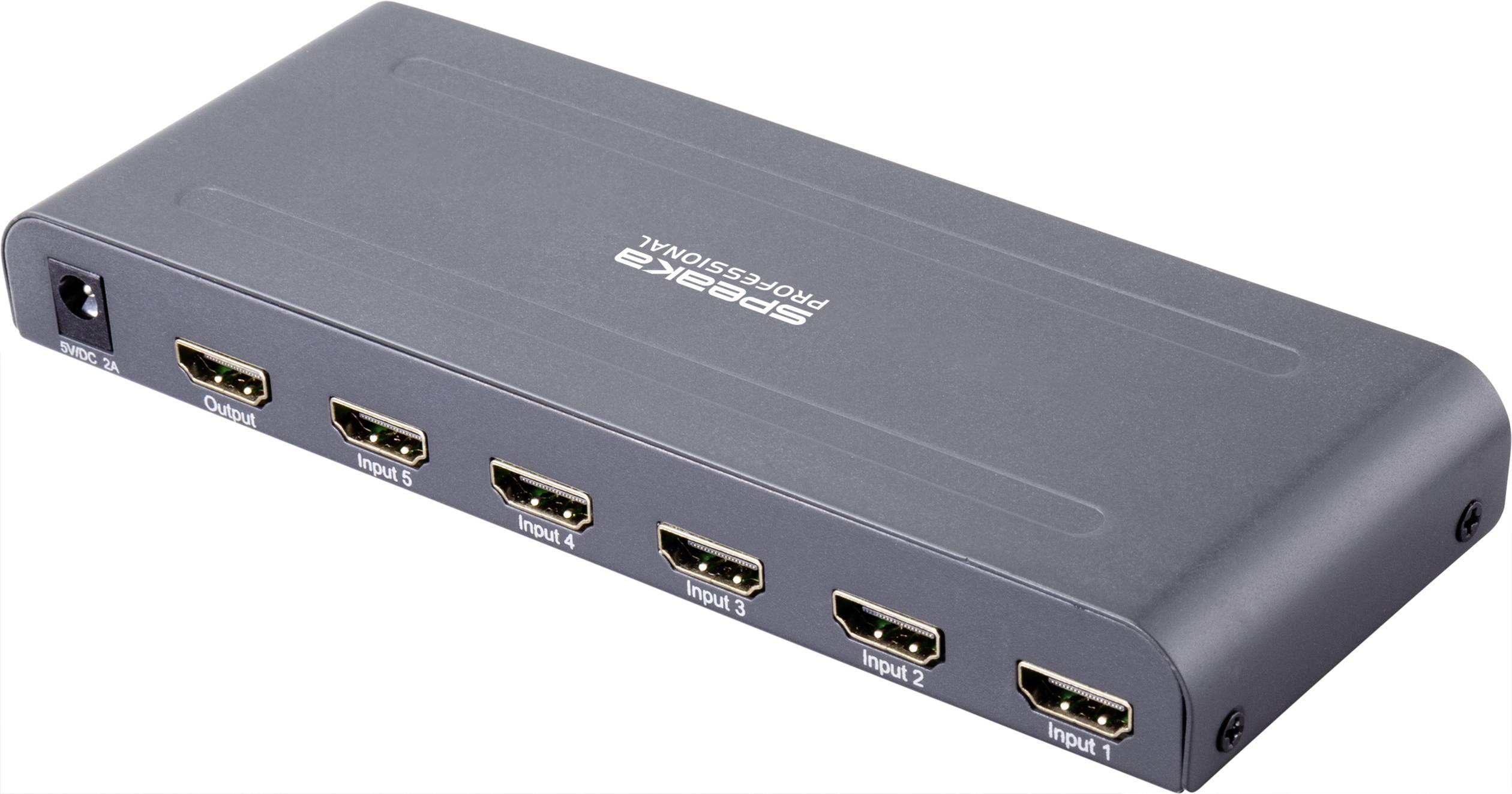 A black HDMI splitter with five inputs and one output for distributing HDMI signals to multiple devices.