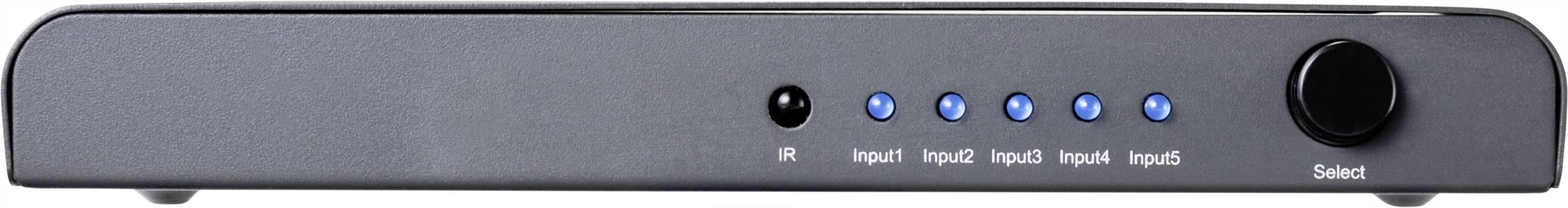 A black HDMI switch with five blue input lights and a rotary knob on the right side for selecting inputs.