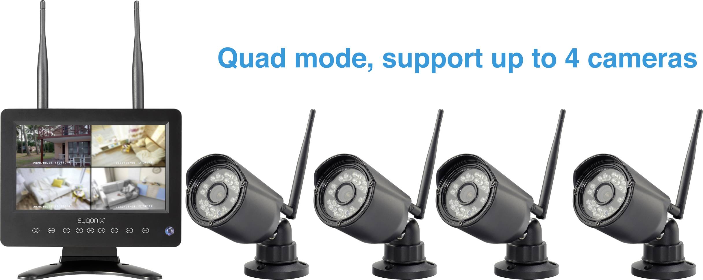 A surveillance system with a monitor and four cameras, supporting quad mode, displaying up to four cameras simultaneously.