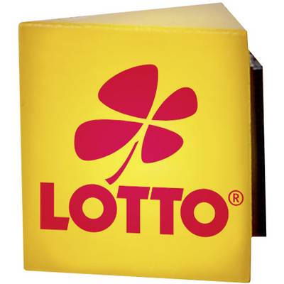 A yellow sign with a red clover leaf symbol and the word 'LOTTO' underneath in red lettering.
