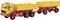 A yellow toy lorry with a trailer, both featuring red wheels and a red chassis, set against a white background.