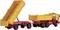 A toy lorry with two detachable trailers, yellow and red, representing a tipper truck.