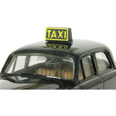 A black taxi model car with a yellow 'TAXI' sign on the roof, shown from the front.