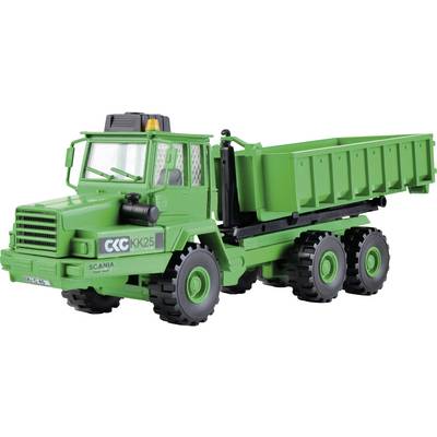 Toy model of a green lorry with six wheels and an open tipper body. Marked with 'CKC' and 'XX25' on the side.