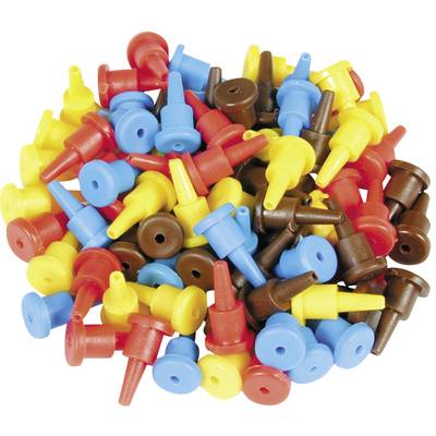 Colourful plastic pins in red, yellow, blue and brown are lying in a heap. They have sharp ends and round heads.