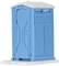 A blue mobile toilet cabin with a white roof stands on a white base.