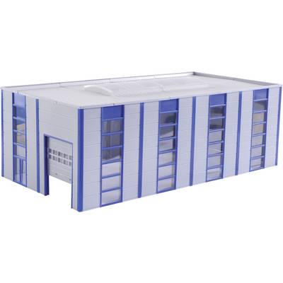 A white and blue model building with large windows, suitable for an industrial or warehouse facility, featuring an open entrance gate.