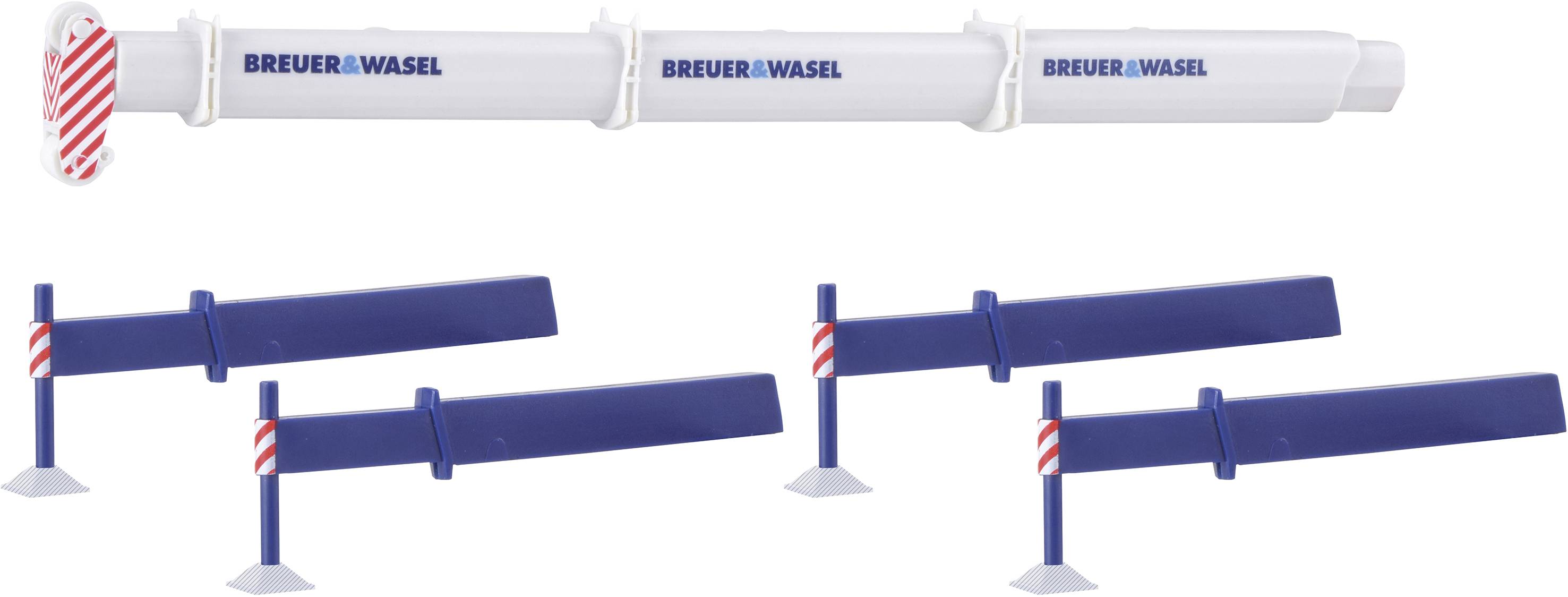 A model of a crane jib with a 'Breuer & Wasel' logo and four blue barriers with red and white stripes mounted on white stands.
