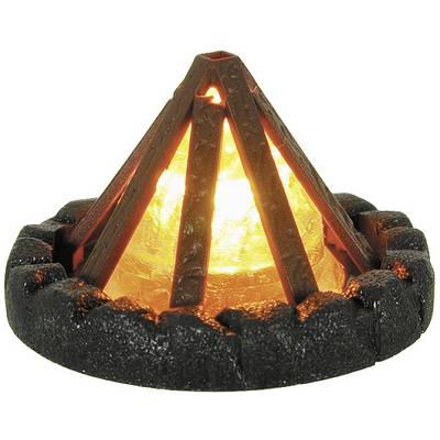 'A lit campfire with a cone-shaped wooden frame and glowing centre, surrounded by a stone ring.'