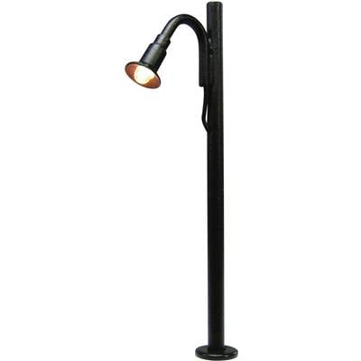 A black outdoor lamp post with a curved head and illuminated bulb, suitable for garden or pathway lighting.