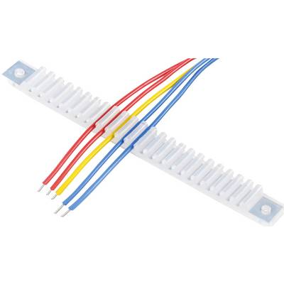 Plastic clips connect blue, red and yellow wires in an X-layout.