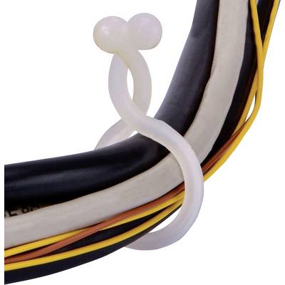 A white cable tie holds together several braided cables, including black, white, and yellow ones.