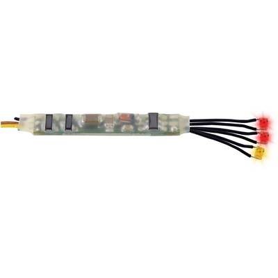 An electronic device with several black switches and cables, with red lights illuminating at its end.