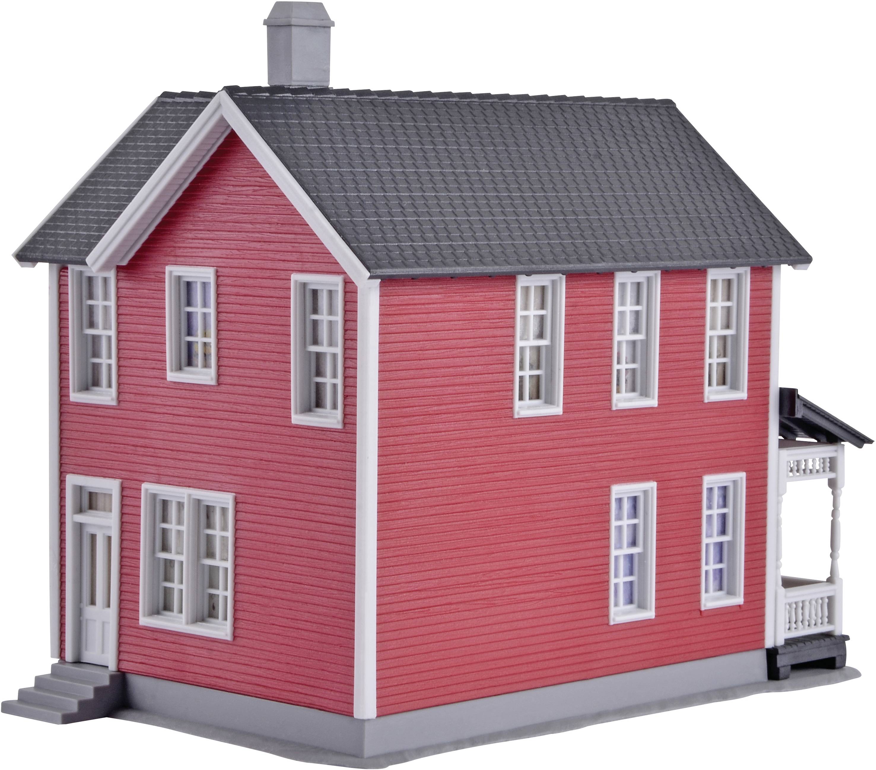 A two-storey, red model house with a grey roof and white veranda.<br><br>Note: In British English, "two-storey" is used instead of the American "two-story", and "grey" is the preferred spelling.