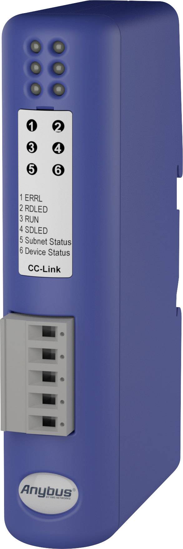 A blue electronic device with six lights and a connection panel. Labelled 'Anybus' with four labels, including 'CC-Link'.