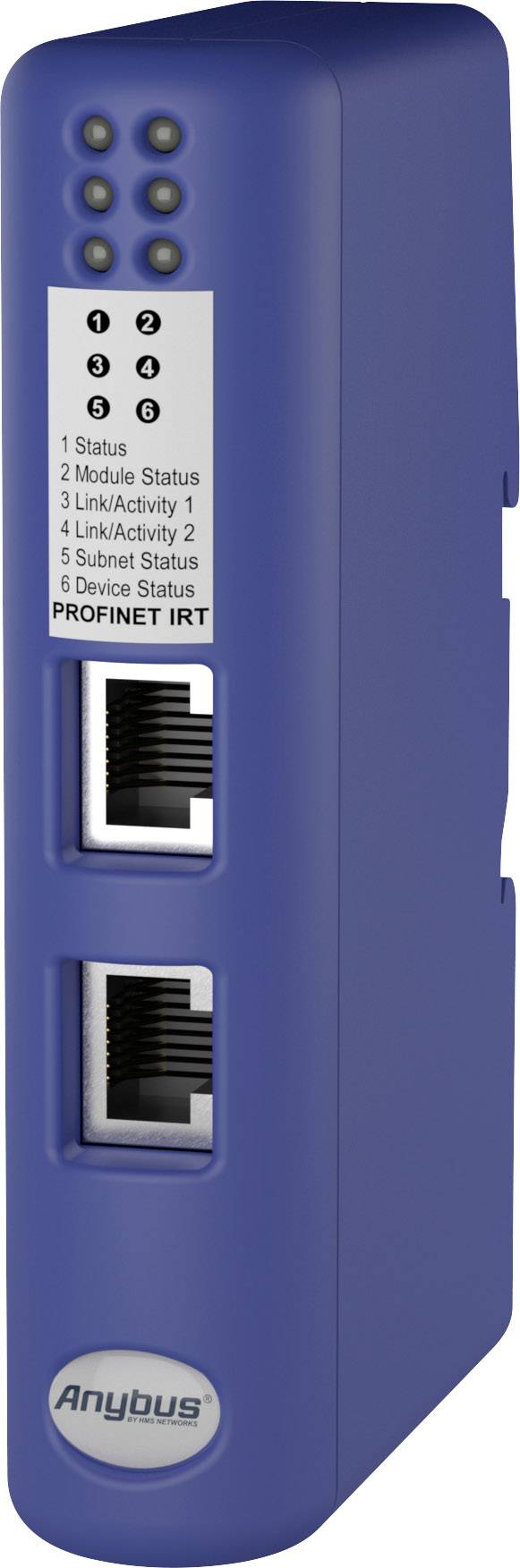 A blue network module with two Ethernet ports and status LED indicators. It is designed for PROFINET IRT networks.