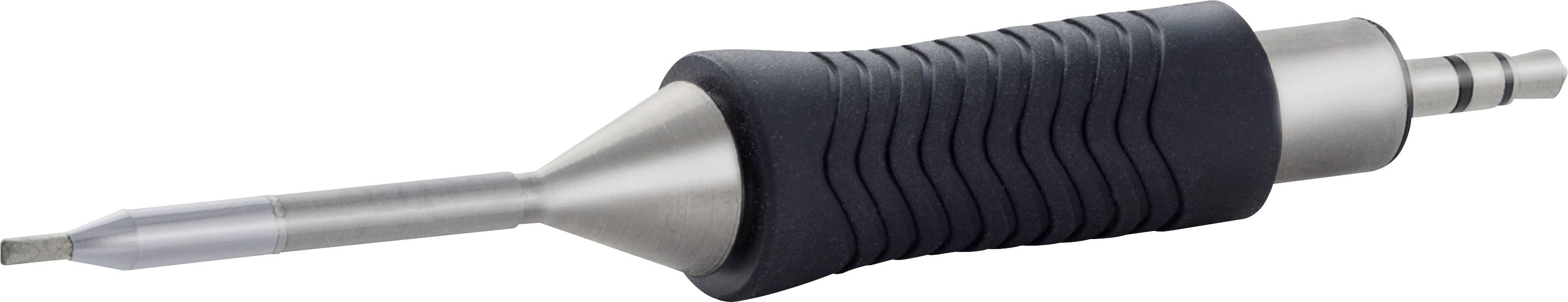 A silver precision tool with a black handle. Tool tip to the left, handle with a ribbed surface for better grip.