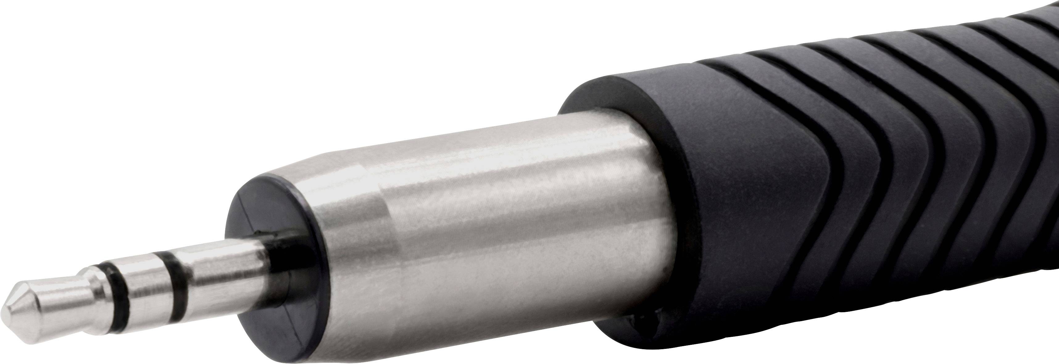 Close-up of a 3.5 mm jack plug with a ribbed black grip, primarily used for audio connections.