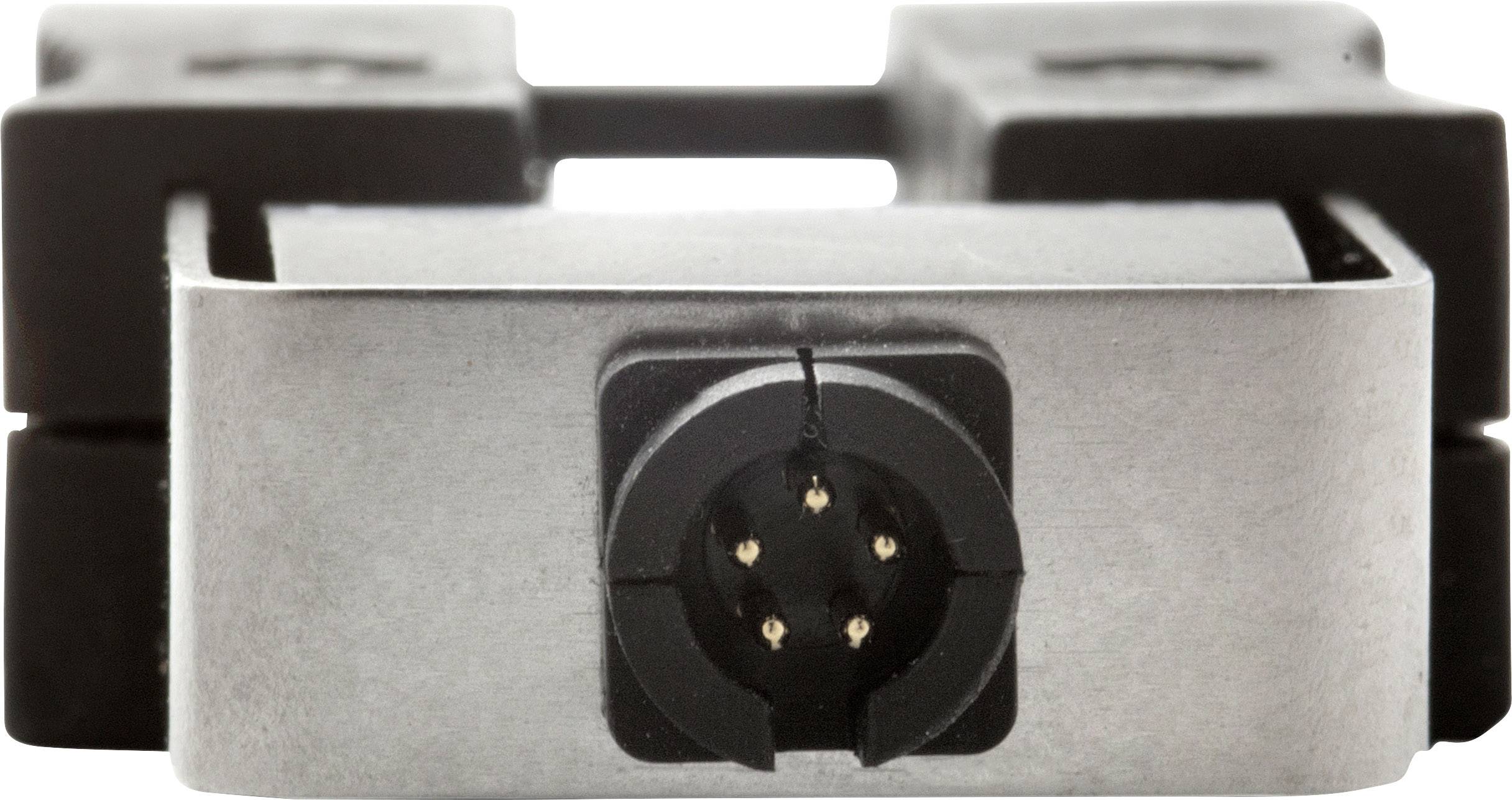 A black and silver six-pin connector plug, possibly for electronic devices, isolated on a white background.