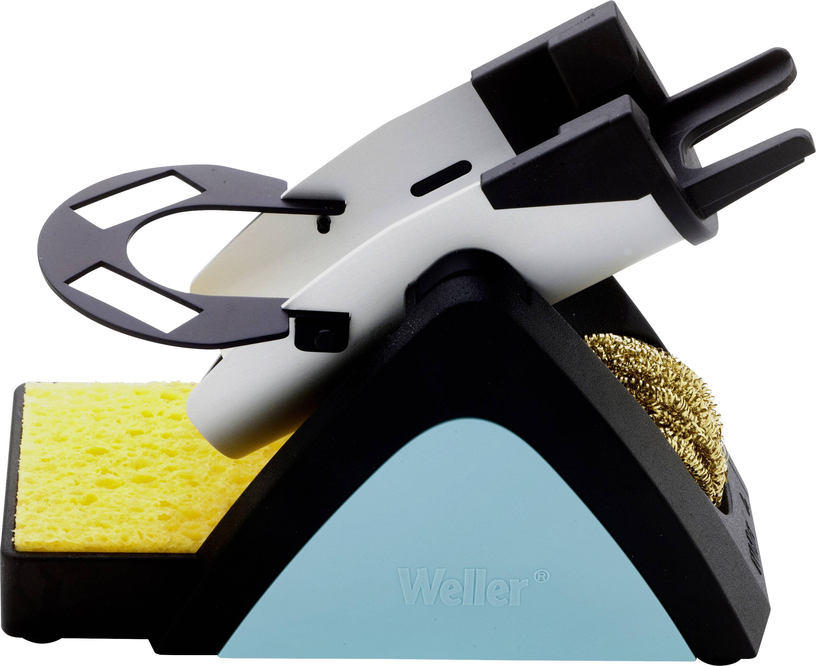 Soldering iron stand with cleaning sponge and metal spiral for depositing.