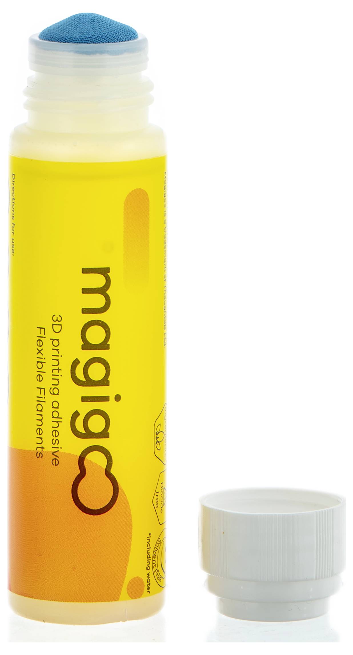 Yellow glue stick for 3D printing with an open lid, product labelled 'magigoo', specifically designed for flexible filaments.