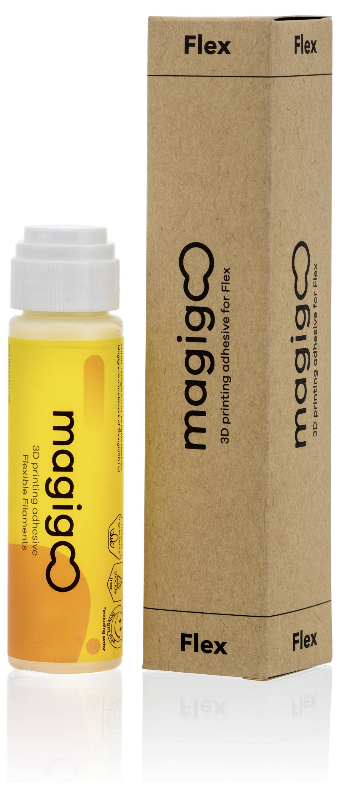 Bottle and box of 'magigoo' adhesive for 3D printers with flexible material.
