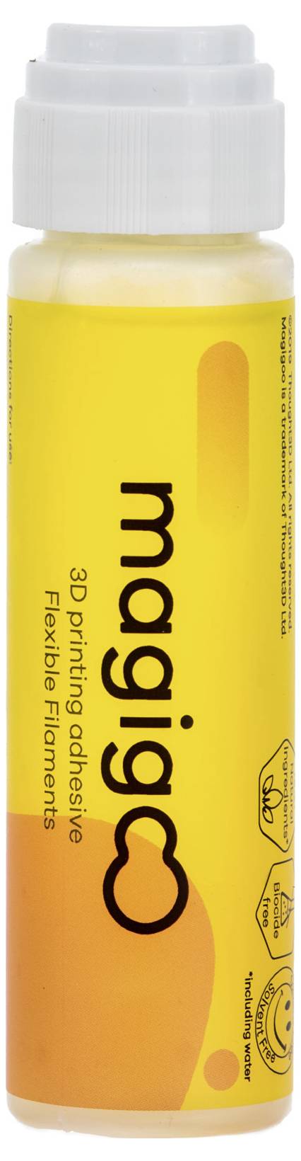 Bottle with yellow label, inscription 'magigoo 3D printing adhesive Flexible Filaments', suitable for flexible 3D printing material.