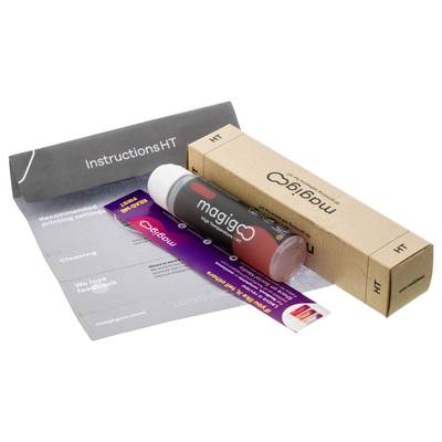A package contains a bottle with a red label inscribed 'magigoo', accompanying instructions, and promotional cards.