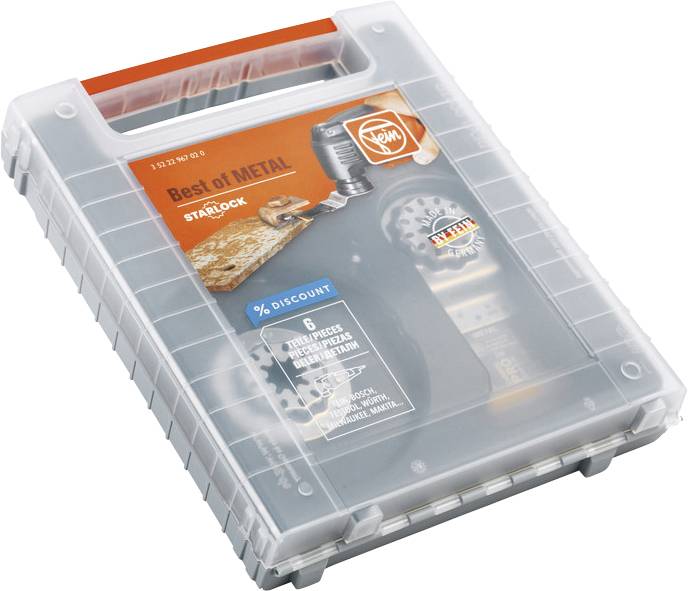 Portable case with Fein 'Best of Metal' Starlock accessory set, containing 8 metal working accessories.