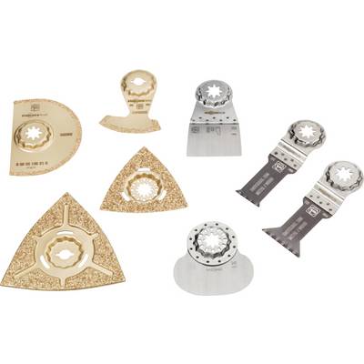 Several oscillating saw blades of various shapes and materials, designed for different cutting tasks.