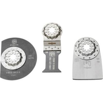 Three different oscillating metal saw blades, each with a specific shape and tooth configuration, for various cutting tasks.