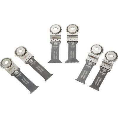 Six oscillating saw blades in two rows. They are made of metal with serrated edges and suitable for versatile cutting tasks.