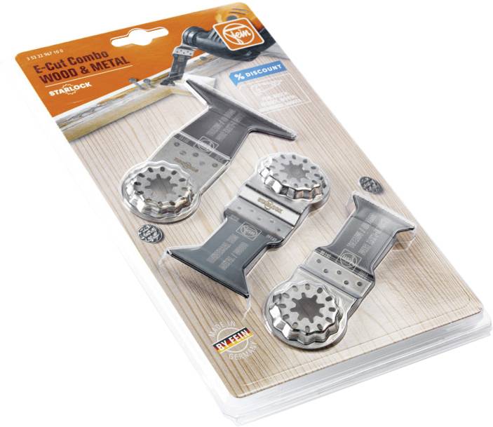 Packaging containing three saw blades for wood and metal, compatible with Starlock system, illustrated on a cardboard box.