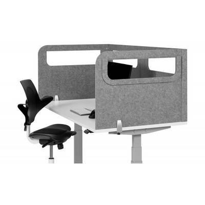 Height-adjustable desk with grey privacy screen and ergonomic chair; monitor and keyboard on the desk.