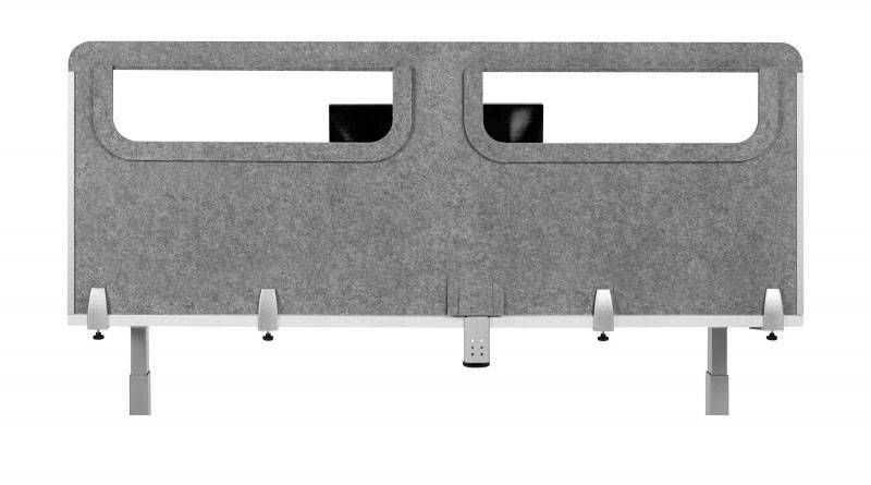 Grey partition wall with rectangular cut-outs, mounted on white legs. It provides visual privacy and workplace separation.