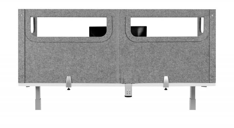 'Grey felt desk divider with viewing windows, mounted on silver legs; serves as a room divider in an office.'