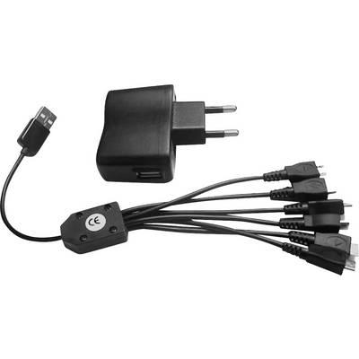 A USB charger with interchangeable plugs and an adapter. Suitable for charging various devices with different connections.