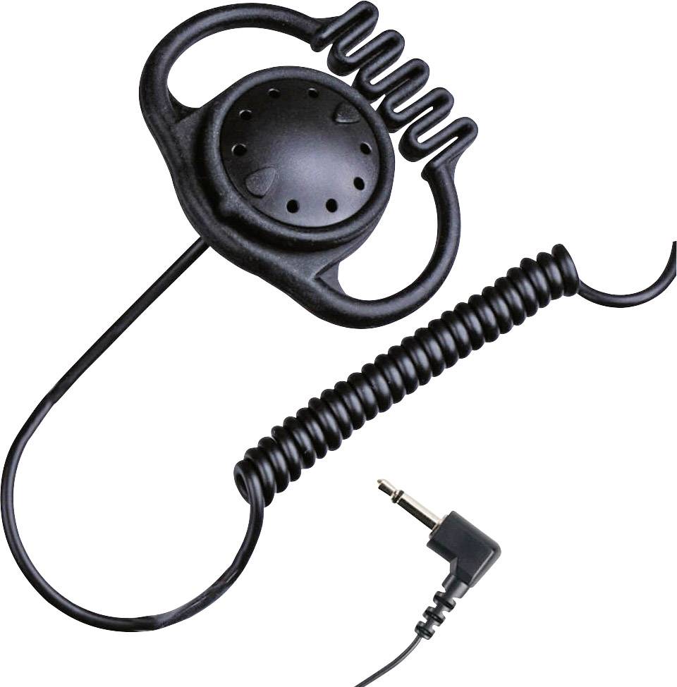 A black earpiece with a coiled cable and 3.5mm jack, suitable for two-way radios or communication devices.