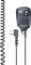 Wireless hand microphone with coiled cable and volume control; dual jack plug for communication devices; brand 'Midland'.