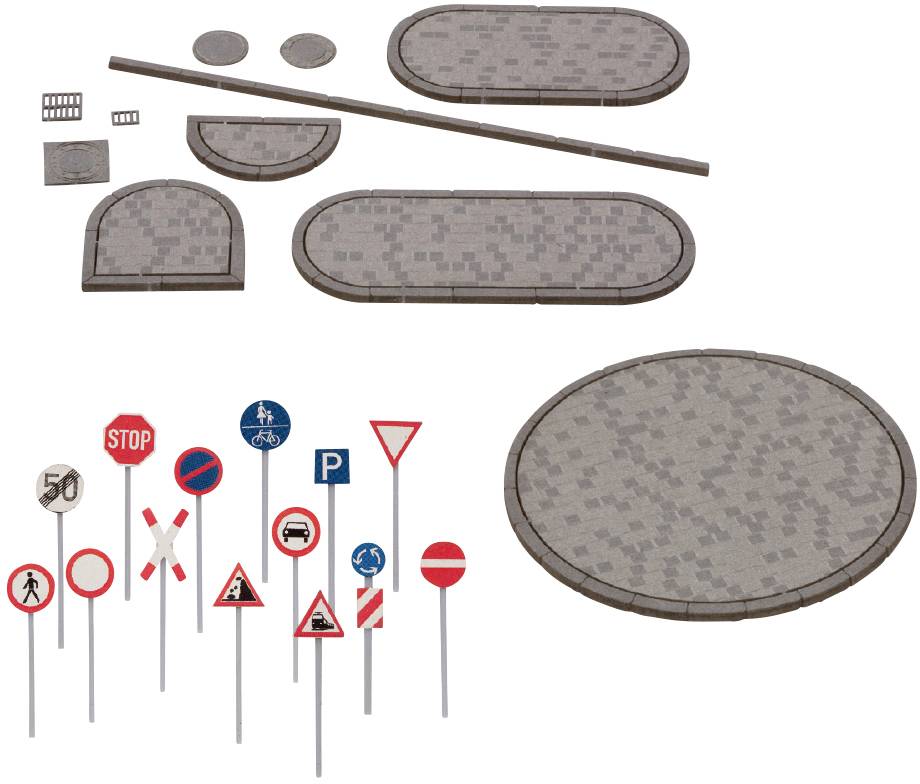 Road sign set with model road tiles and various traffic signs, including Stop sign, Parking, Priority.