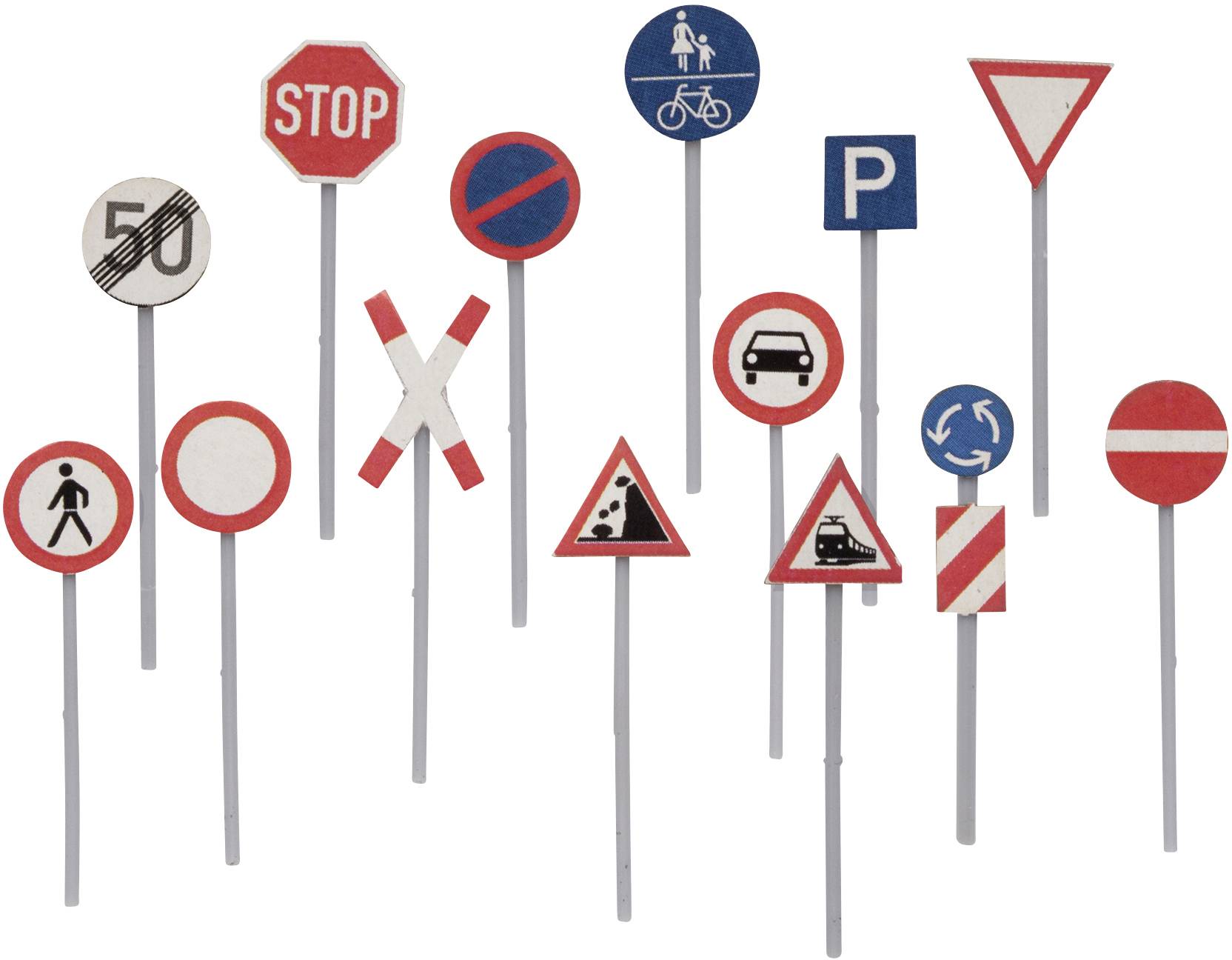 Several road signs, including 'Stop', 'No Parking', 'Pedestrian Zone', 'One-Way Street', and speed limit signs.