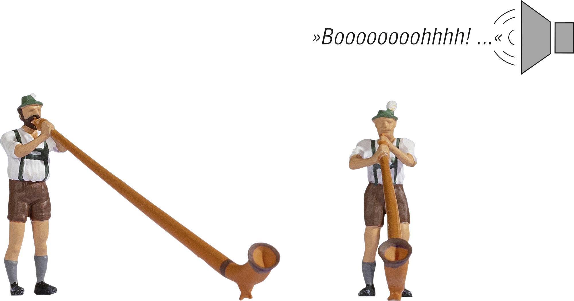 Two figures in traditional Bavarian dress play long alpine horns. Top right is a speaker symbol with the sound 'Booooooohhhh!'.