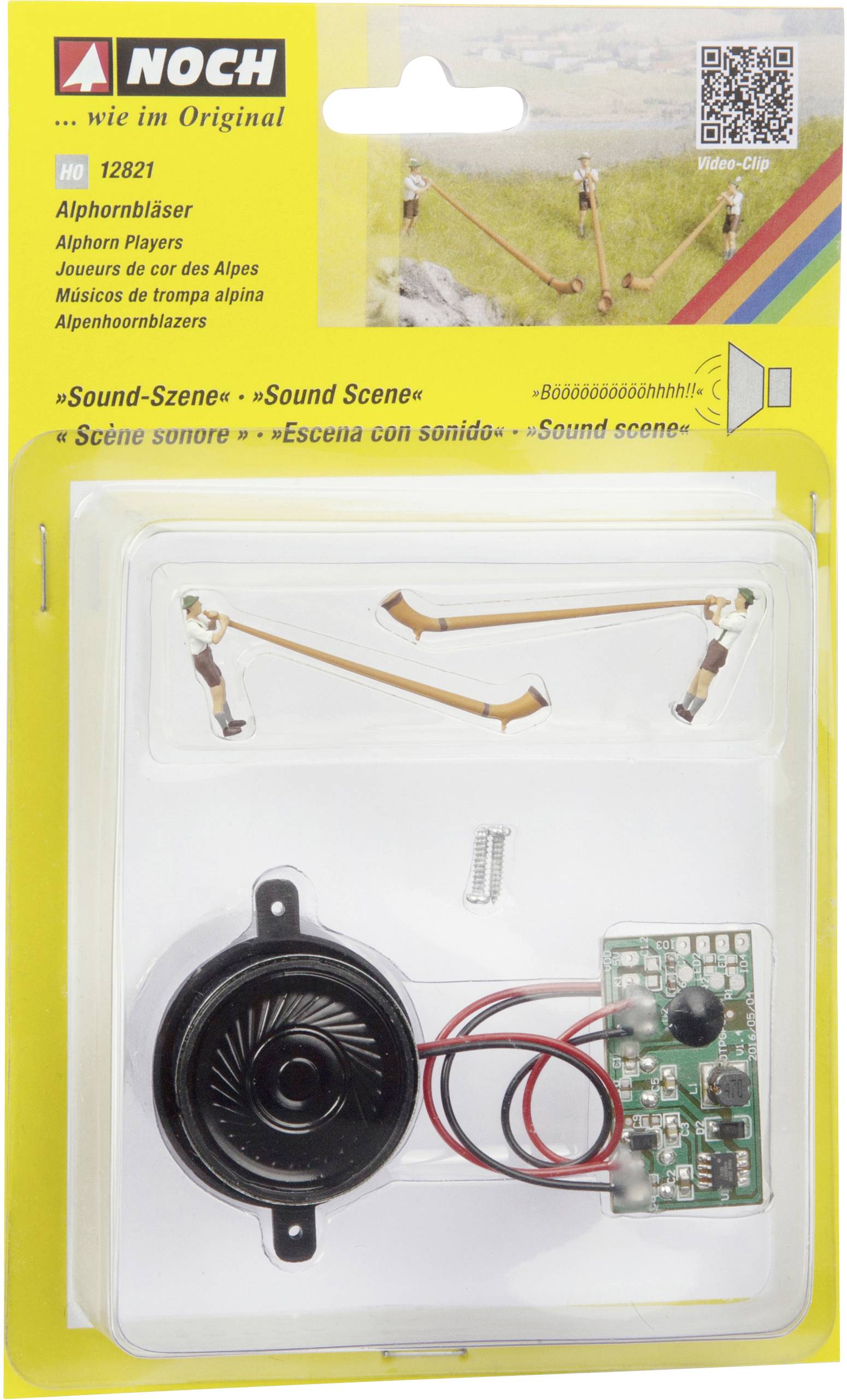 'Alpine Horn Players' model set with microelectronics, speaker, and figures of two alpine horn players. Suitable for dioramas or model landscapes.