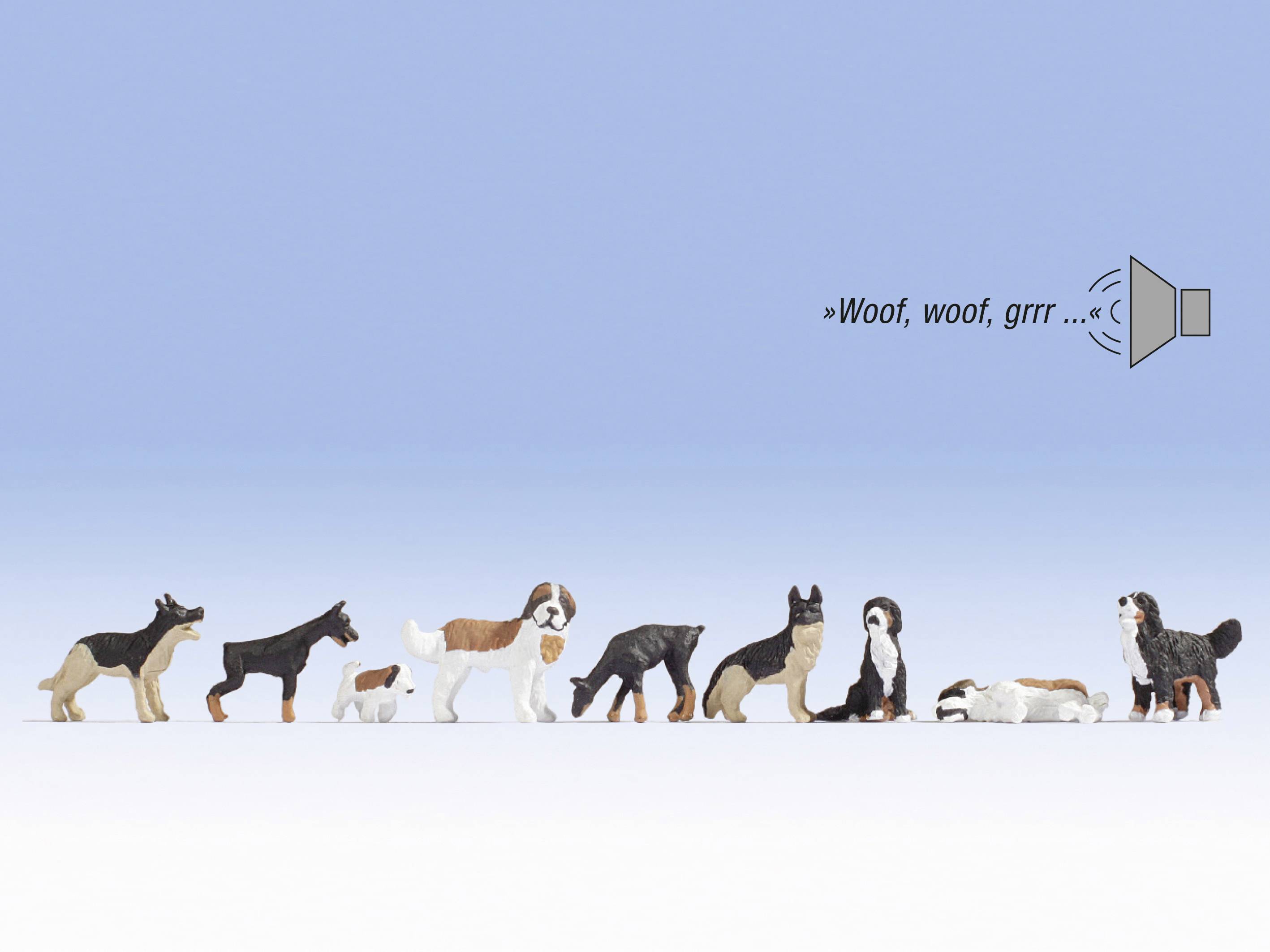 Several toy dogs in a row; a speaker symbol indicates that a sound with 'Woof, woof, grrr...' is being played.