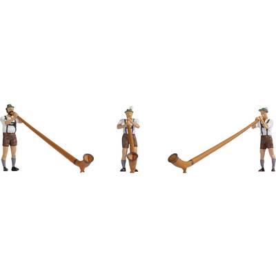 Three figures in traditional Bavarian attire are playing alphorns. They are wearing lederhosen and hats and are standing in a row.